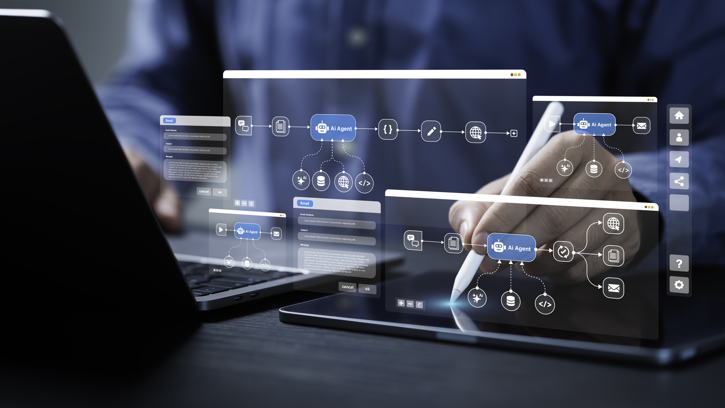 AI Workflow Automation Concept. Artificial Intelligence Software, Businessman Uses AI Agent With Coding Flow Process Technology, Interface Nodes Triggers Data Tools